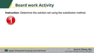 Board work Activity
Instruction: Determine the solution set using the substitution method.
Racel N. Pilloses, MSc
Notre Dame of Marbel University – IBED SHS
System of Equations involving Lines and Circles
 