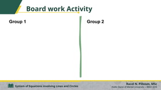 Board work Activity
Group 1
Racel N. Pilloses, MSc
Notre Dame of Marbel University – IBED SHS
System of Equations involving Lines and Circles
Group 2
 