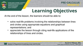 System of Equations involving Lines and Circles
Learning Objectives
At the end of the lesson, the learners should be able to:
• solve real-life problems involving the relationships between lines
and circles using appropriate equations and graphical
representations; and
• appreciate the lesson through citing real-life applications of the
relationships of lines and circles.
Racel N. Pilloses, MSc
Notre Dame of Marbel University – IBED SHS
 