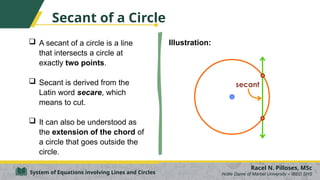 Secant of a Circle
 A secant of a circle is a line
that intersects a circle at
exactly two points.
 Secant is derived from the
Latin word secare, which
means to cut.
 It can also be understood as
the extension of the chord of
a circle that goes outside the
circle.
Racel N. Pilloses, MSc
Notre Dame of Marbel University – IBED SHS
System of Equations involving Lines and Circles
Illustration:
 