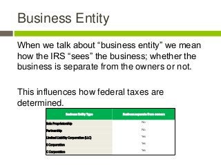 Business Entity
When we talk about “business entity” we mean
how the IRS “sees” the business; whether the
business is sepa...