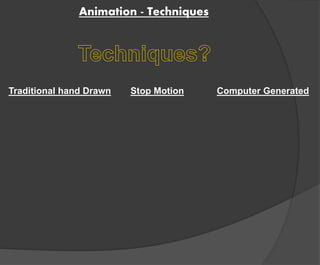 Animation - Techniques 
Traditional hand Drawn Stop Motion Computer Generated 
 
