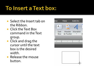 To Resize a Text Box:Select the text box.Click one of the square sizing handles on the left or right sides, or a circular handle on one of the four corners.While holding down the mouse button, drag the sizing handle until the text box is the desired width.Click and drag the green circle to rotate the text box.