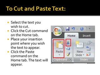 ChallengeUse the Workshop presentation or any other PowerPoint presentation you choose to complete this challenge.Insert text on a slide.Practice using the bold, italic, and underline commands.Change the font style of the title.Change the font size of the title.Change the color of the subtitle.Use the Change Case command on a slide title.Practice using the Increase Font Size and Decrease Font Size commands.Insert a text box and add text.