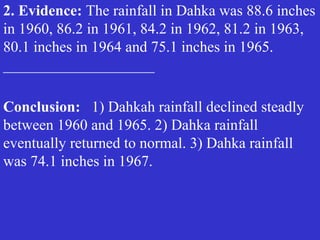 2. Evidence: The rainfall in Dahka was 88.6 inches
in 1960, 86.2 in 1961, 84.2 in 1962, 81.2 in 1963,
80.1 inches in 1964 and 75.1 inches in 1965.
____________________
Conclusion: 1) Dahkah rainfall declined steadly
between 1960 and 1965. 2) Dahka rainfall
eventually returned to normal. 3) Dahka rainfall
was 74.1 inches in 1967.
 