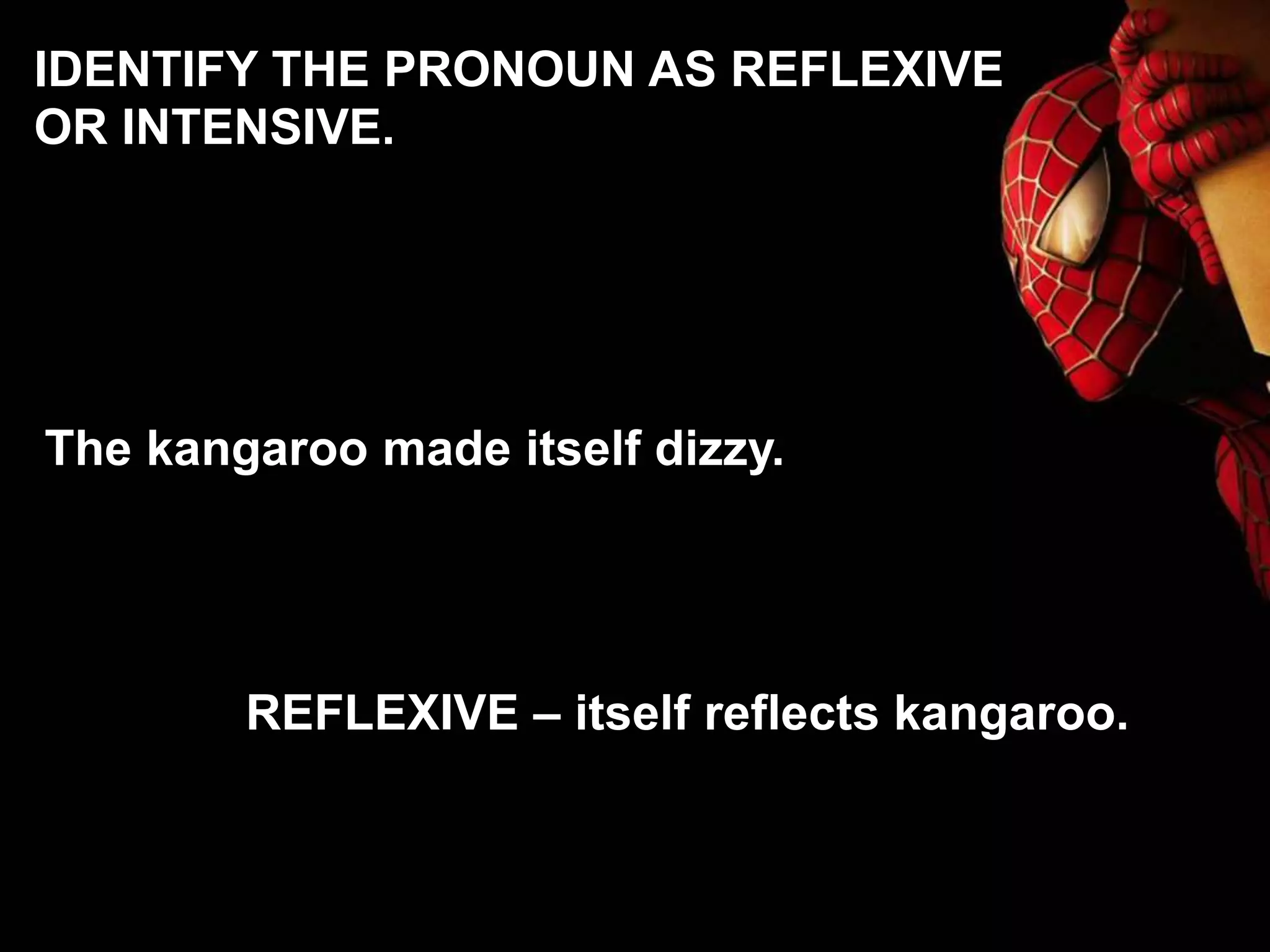 The kangaroo made itself dizzy.
REFLEXIVE – itself reflects kangaroo.
IDENTIFY THE PRONOUN AS REFLEXIVE
OR INTENSIVE.
 