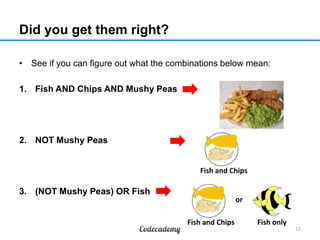 See if you can figure these out on your own
1. Fish AND Chips AND Mushy Peas

1. NOT Mushy Peas

1. Fish OR Mushy Peas

12

 