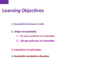 1. Nucleotide functions in cells
2. Origin of nucleotides
1. De novo synthesis of nucleotides
2. Salvage pathways of nucleotides
3. Catabolism of nucleotides
4. Nucleotide metabolism disorders
Learning Objectives
 