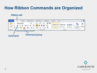 How Ribbon Commands are Organized
     Ribbon tab




                  Command group
    Command




6
 