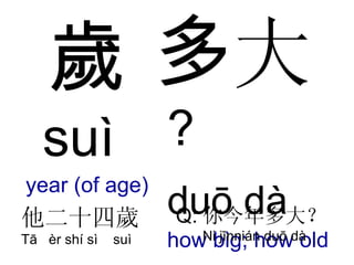 歲 suì   year (of age) 他二十四歲 Tā  èr sh í  sì  suì 多 大 ? duō  dà   how big; how old Q: 你今年多大？ Ni  jīnnián  duō  dà 