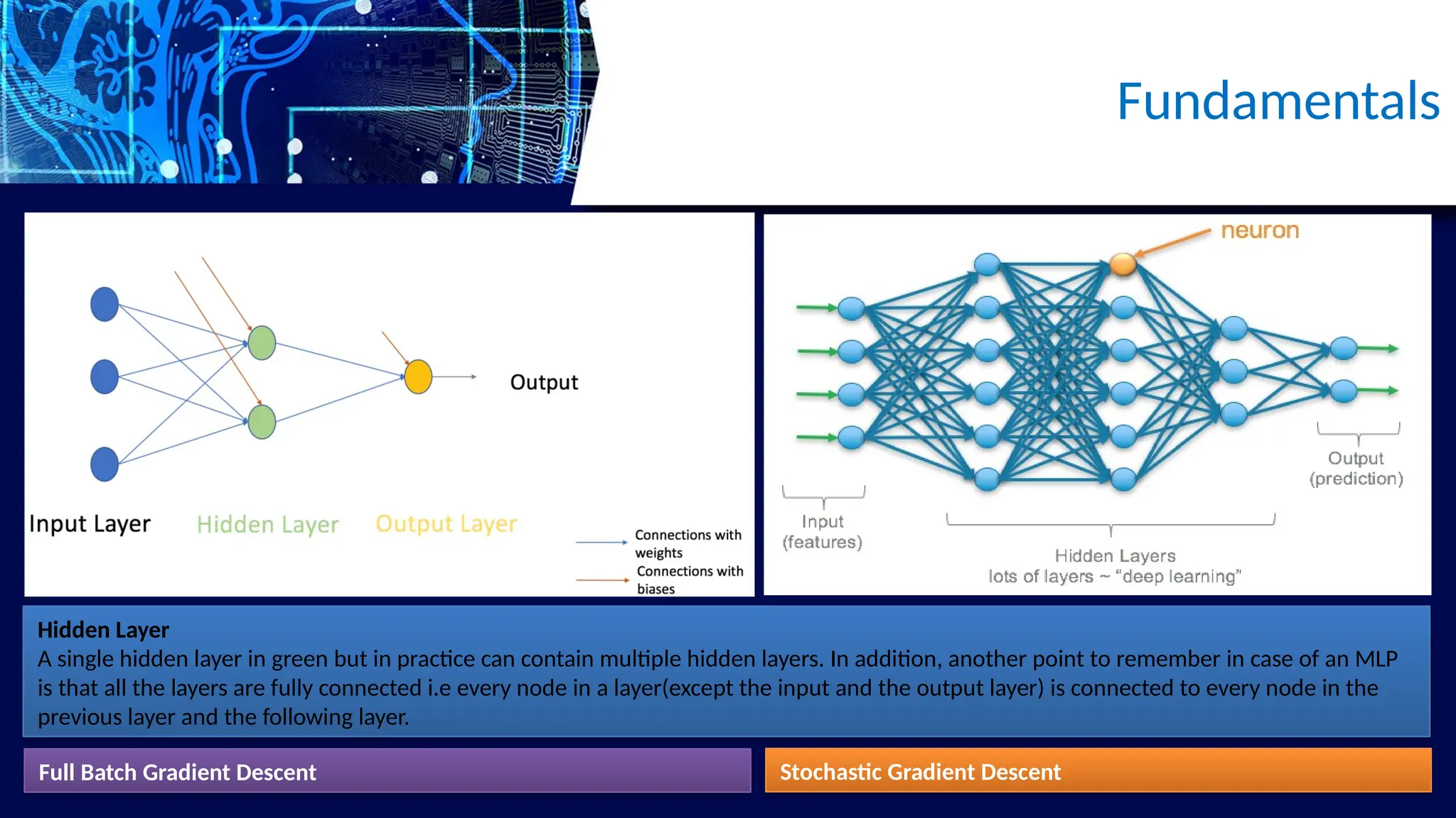 Hidden Layer
A single hidden layer in green but in practice can contain multiple hidden layers. In addition, another point to remember in case of an MLP
is that all the layers are fully connected i.e every node in a layer(except the input and the output layer) is connected to every node in the
previous layer and the following layer.
Fundamentals
Full Batch Gradient Descent Stochastic Gradient Descent
 