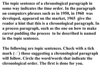 The topic sentence of a chronological paragraph in
some way indicates the time order. In the paragraph
on computers phrases such as in 1950, in 1960 was
developed, appeared on the market, 1965 give the
reader a hint that this is a chronological paragraph. In
a process paragraph, such as the one on how to make
carrot pudding the process to be described is named
in the topic sentence.
The following are topic sentences. Check with a tick
mark ( ) those suggesting a chronological paragraph
will follow. Circle the word/words that indicate the
chronological order. The first is done for you.
 