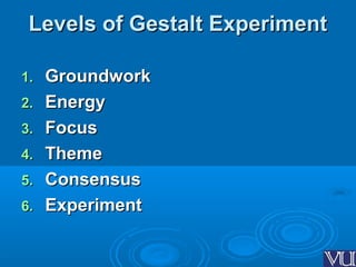 Levels of Gestalt ExperimentLevels of Gestalt Experiment
1.1. GroundworkGroundwork
2.2. EnergyEnergy
3.3. FocusFocus
4.4. ThemeTheme
5.5. ConsensusConsensus
6.6. ExperimentExperiment
 