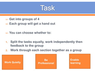  Get into groups of 4
 Each group will get a hand out
 You can choose whether to:
1. Split the tasks equally, work independently then
feedback to the group
2. Work through each section together as a group
Work Quietly
Be
Professional
Enable
learning
 