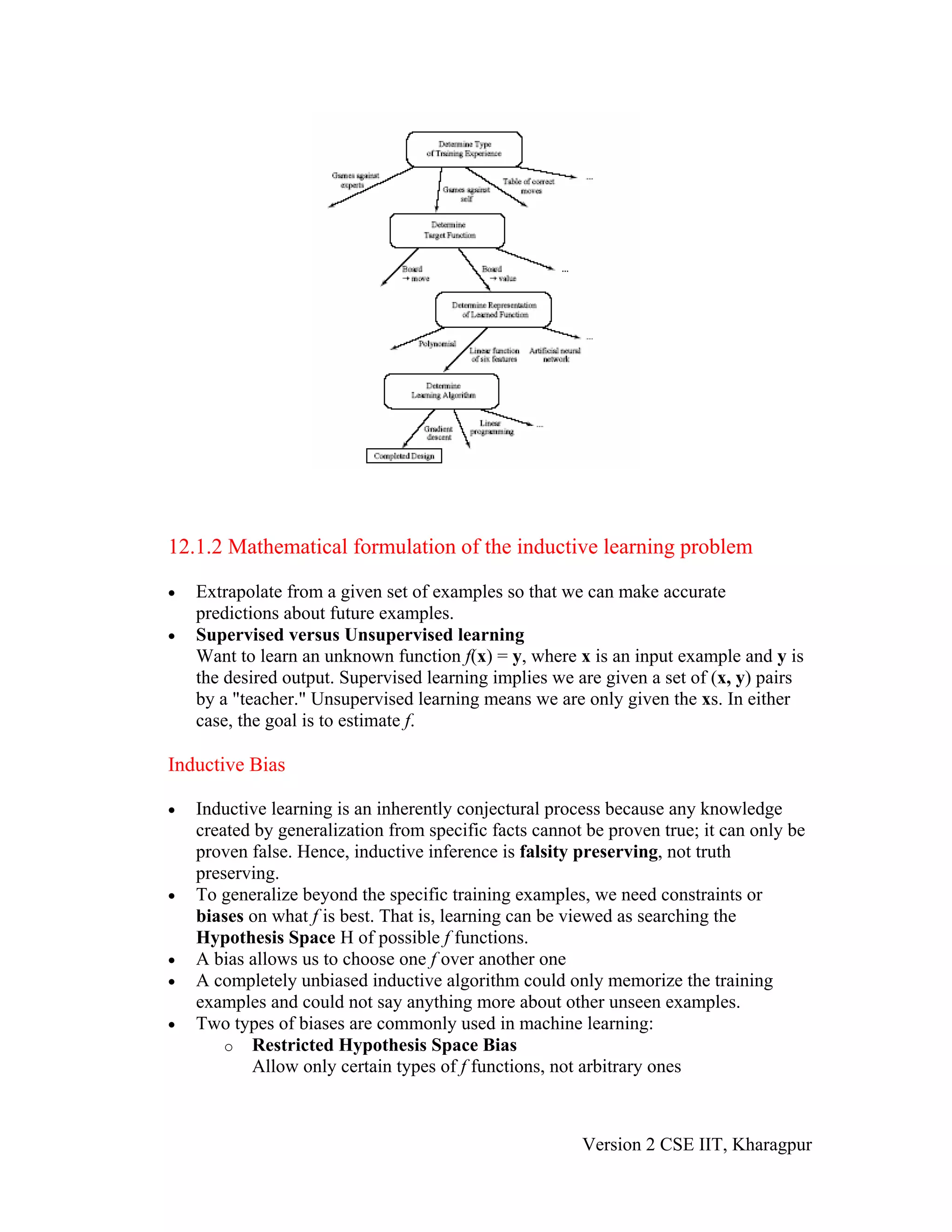 12.1.2 Mathematical formulation of the inductive learning problem

•   Extrapolate from a given set of examples so that we can make accurate
    predictions about future examples.
•   Supervised versus Unsupervised learning
    Want to learn an unknown function f(x) = y, where x is an input example and y is
    the desired output. Supervised learning implies we are given a set of (x, y) pairs
    by a "teacher." Unsupervised learning means we are only given the xs. In either
    case, the goal is to estimate f.

Inductive Bias

•   Inductive learning is an inherently conjectural process because any knowledge
    created by generalization from specific facts cannot be proven true; it can only be
    proven false. Hence, inductive inference is falsity preserving, not truth
    preserving.
•   To generalize beyond the specific training examples, we need constraints or
    biases on what f is best. That is, learning can be viewed as searching the
    Hypothesis Space H of possible f functions.
•   A bias allows us to choose one f over another one
•   A completely unbiased inductive algorithm could only memorize the training
    examples and could not say anything more about other unseen examples.
•   Two types of biases are commonly used in machine learning:
        o Restricted Hypothesis Space Bias
           Allow only certain types of f functions, not arbitrary ones



                                                        Version 2 CSE IIT, Kharagpur
 