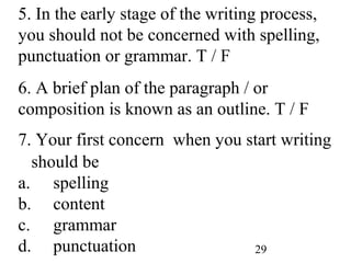29
5. In the early stage of the writing process,
you should not be concerned with spelling,
punctuation or grammar. T / F
6. A brief plan of the paragraph / or
composition is known as an outline. T / F
7. Your first concern when you start writing
should be
a. spelling
b. content
c. grammar
d. punctuation
 