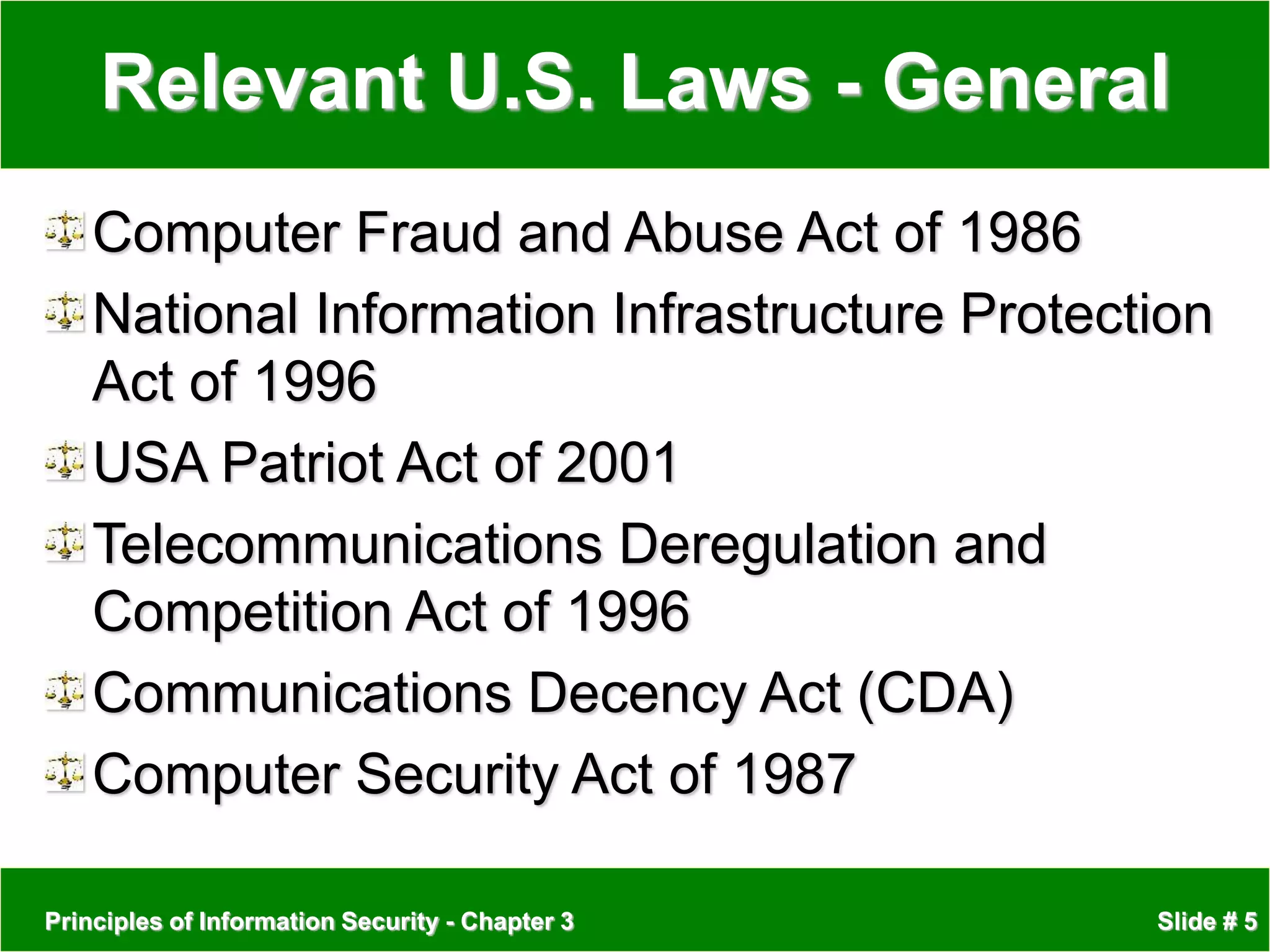 Principles of Information Security - Chapter 3 Slide # 5
Relevant U.S. Laws - General
Computer Fraud and Abuse Act of 1986
National Information Infrastructure Protection
Act of 1996
USA Patriot Act of 2001
Telecommunications Deregulation and
Competition Act of 1996
Communications Decency Act (CDA)
Computer Security Act of 1987
 