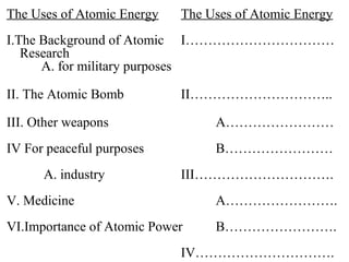 The Uses of Atomic Energy The Uses of Atomic Energy
I.The Background of Atomic I……………………………
Research
A. for military purposes
II. The Atomic Bomb II…………………………..
III. Other weapons A……………………
IV For peaceful purposes B……………………
A. industry III………………………….
V. Medicine A…………………….
VI.Importance of Atomic Power B…………………….
IV………………………….
 