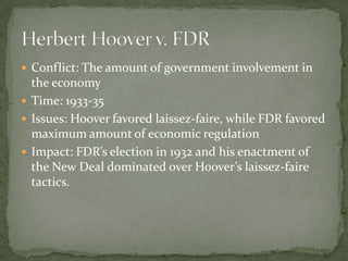  Conflict: The amount of government involvement in
  the economy
 Time: 1933-35
 Issues: Hoover favored laissez-faire, ...
