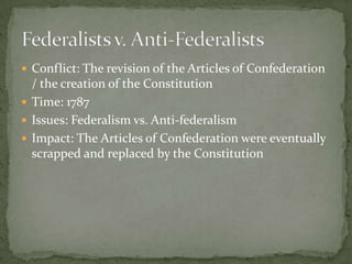  Conflict: The revision of the Articles of Confederation
  / the creation of the Constitution
 Time: 1787
 Issues: Fede...