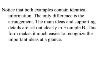 Notice that both examples contain identical
information. The only difference is the
arrangement. The main ideas and supporting
details are set out clearly in Example B. This
form makes it much easier to recognize the
important ideas at a glance.
 