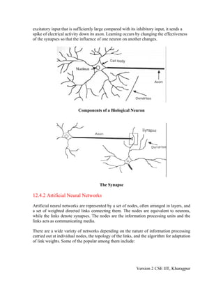 excitatory input that is sufficiently large compared with its inhibitory input, it sends a
spike of electrical activity down its axon. Learning occurs by changing the effectiveness
of the synapses so that the influence of one neuron on another changes.




                          Components of a Biological Neuron




                                       The Synapse

12.4.2 Artificial Neural Networks

Artificial neural networks are represented by a set of nodes, often arranged in layers, and
a set of weighted directed links connecting them. The nodes are equivalent to neurons,
while the links denote synapses. The nodes are the information processing units and the
links acts as communicating media.

There are a wide variety of networks depending on the nature of information processing
carried out at individual nodes, the topology of the links, and the algorithm for adaptation
of link weights. Some of the popular among them include:




                                                            Version 2 CSE IIT, Kharagpur
 