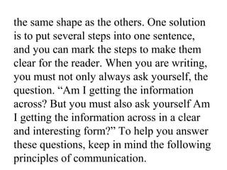 the same shape as the others. One solution
is to put several steps into one sentence,
and you can mark the steps to make them
clear for the reader. When you are writing,
you must not only always ask yourself, the
question. “Am I getting the information
across? But you must also ask yourself Am
I getting the information across in a clear
and interesting form?” To help you answer
these questions, keep in mind the following
principles of communication.
 