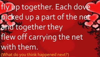 fly up together. Each dove 
picked up a part of the net 
and together they 
flew off carrying the net 
with them. 
(What do you think happened next?) 
 