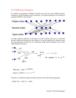 12.4.4 Multi-Layer Perceptrons

In contrast to perceptrons, multilayer networks can learn not only multiple decision
boundaries, but the boundaries may be nonlinear. The typical architecture of a multi-layer
perceptron (MLP) is shown below.


 Output nodes

 Internal nodes

  Input nodes
To make nonlinear partitions on the space we need to define each unit as a nonlinear
function (unlike the perceptron). One solution is to use the sigmoid unit. Another reason
for using sigmoids are that they are continuous unlike linear thresholds and are thus
differentiable at all points.

x1            w1
x2                                 net
           w2             Σ

                        w0                                 O = σ(net) = 1 / 1 + e -net
xn         wn
                   X0=1



   O(x1,x2,…,xn) = σ ( WX )
  where: σ ( WX ) = 1 / 1 + e -WX

Function σ is called the sigmoid or logistic function. It has the following property:

 d σ(y) / dy = σ(y) (1 – σ(y))




                                                             Version 2 CSE IIT, Kharagpur
 