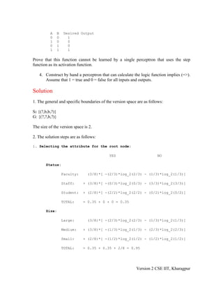 A      B   Desired Output
          0      0     1
          1      0     0
          0      1     0
          1      1     1

Prove that this function cannot be learned by a single perceptron that uses the step
function as its activation function.

   4. Construct by hand a perceptron that can calculate the logic function implies (=>).
      Assume that 1 = true and 0 = false for all inputs and outputs.

Solution
1. The general and specific boundaries of the version space are as follows:

S: {(?,b,b,?)}
G: {(?,?,b,?)}

The size of the version space is 2.

2. The solution steps are as follows:

1. Selecting the attribute for the root node:

                                            YES                        NO

       Status:

                     Faculty:    (3/8)*[ -(2/3)*log_2(2/3) - (1/3)*log_2(1/3)]

                     Staff:     + (3/8)*[ -(0/3)*log_2(0/3) - (3/3)*log_2(3/3)]

                     Student:   + (2/8)*[ -(2/2)*log_2(2/2) - (0/2)*log_2(0/2)]

                     TOTAL:     = 0.35 + 0 + 0 = 0.35

       Size:

                     Large:      (3/8)*[ -(2/3)*log_2(2/3) - (1/3)*log_2(1/3)]

                     Medium:    + (3/8)*[ -(1/3)*log_2(1/3) - (2/3)*log_2(2/3)]

                     Small:     + (2/8)*[ -(1/2)*log_2(1/2) - (1/2)*log_2(1/2)]

                     TOTAL:     = 0.35 + 0.35 + 2/8 = 0.95




                                                           Version 2 CSE IIT, Kharagpur
 