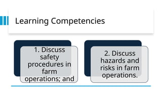 Learning Competencies
1. Discuss
safety
procedures in
farm
operations; and
2. Discuss
hazards and
risks in farm
operations.
 