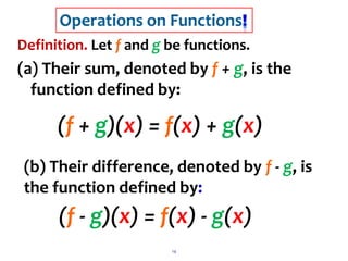 14
(b) Their difference, denoted by f - g, is
the function defined by:
Definition. Let f and g be functions.
(a) Their sum, denoted by f + g, is the
function defined by:
(f + g)(x) = f(x) + g(x)
(f - g)(x) = f(x) - g(x)
 