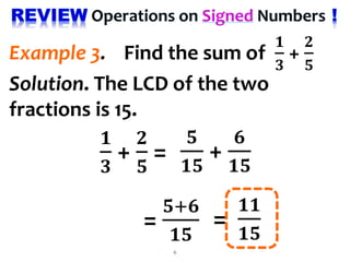 6
Example 3. Find the sum of
𝟏
𝟑
+
𝟐
𝟓
Solution. The LCD of the two
fractions is 15.
𝟏
𝟑
+
𝟐
𝟓
=
=
𝟓+𝟔
𝟏𝟓
𝟓
𝟏𝟓
+
𝟔
𝟏𝟓
=
𝟏𝟏
𝟏𝟓
 