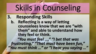 Skills in Counseling
3. Responding Skills
b. Reflecting is a way of letting
counselees know that we are “with
them” and able to understand how
they feel or think.
“You must feel …,” “I bet that was
frustrating,” “That must have been fun,”
“You must think …” or “I hear you saying …”
 