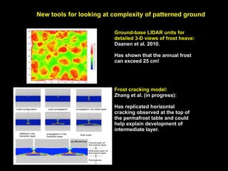 New tools for looking at complexity of patterned ground

                         Ground-base LIDAR units for
                         detailed 3-D views of frost heave:
                         Daanen et al. 2010.

                         Has shown that the annual frost
                         can exceed 25 cm!




                         Frost cracking model:
                         Zhang et al. (in progress):

                         Has replicated horizontal
                         cracking observed at the top of
                         the permafrost table and could
                         help explain development of
                         intermediate layer.
 