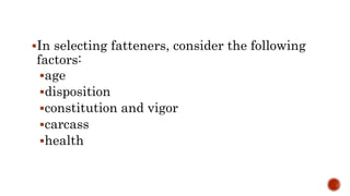 In selecting fatteners, consider the following
factors:
age
disposition
constitution and vigor
carcass
health
 