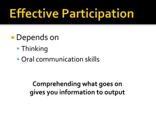 Effective ParticipationDepends on ThinkingOral communication skillsComprehending what goes on gives you information to output