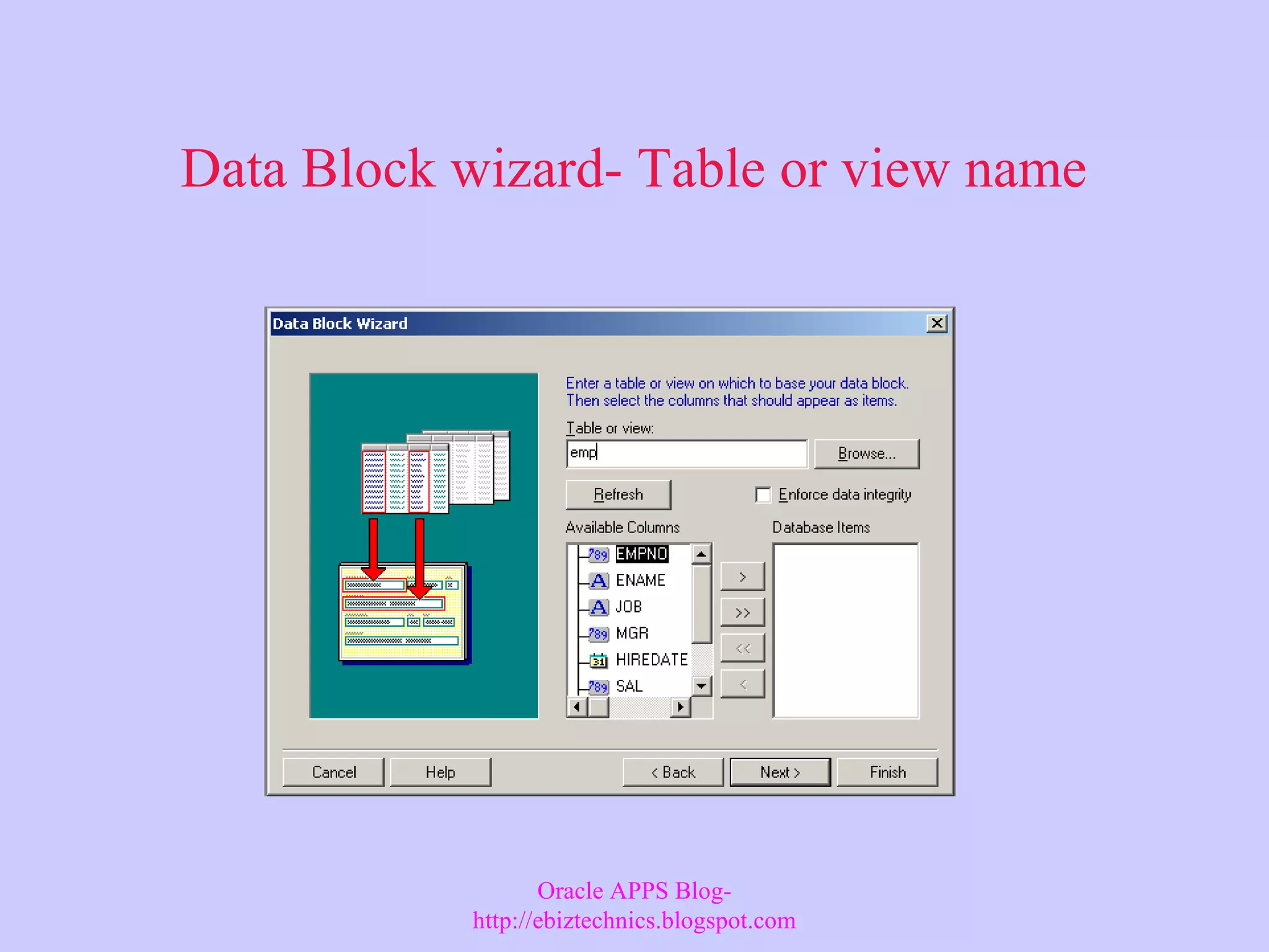 Data Block wizard- Table or view name Oracle APPS Blog- http://ebiztechnics.blogspot.com 