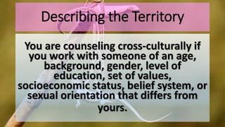 Describing the Territory
You are counseling cross-culturally if
you work with someone of an age,
background, gender, level of
education, set of values,
socioeconomic status, belief system, or
sexual orientation that differs from
yours.
 