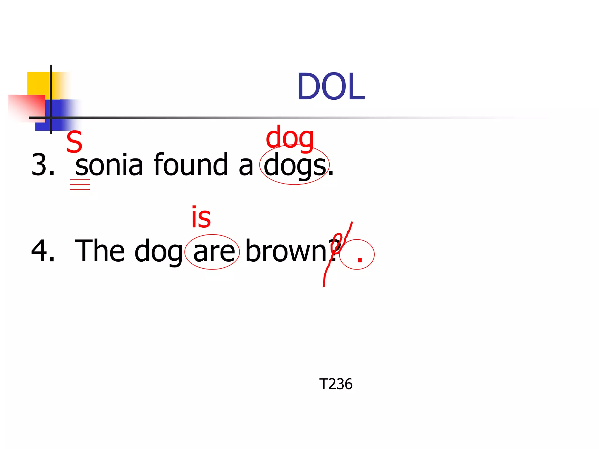 DOL 
3. sonia found a dogs. 
4. The dog are brown? 
T236 
S dog 
is 
. 
 