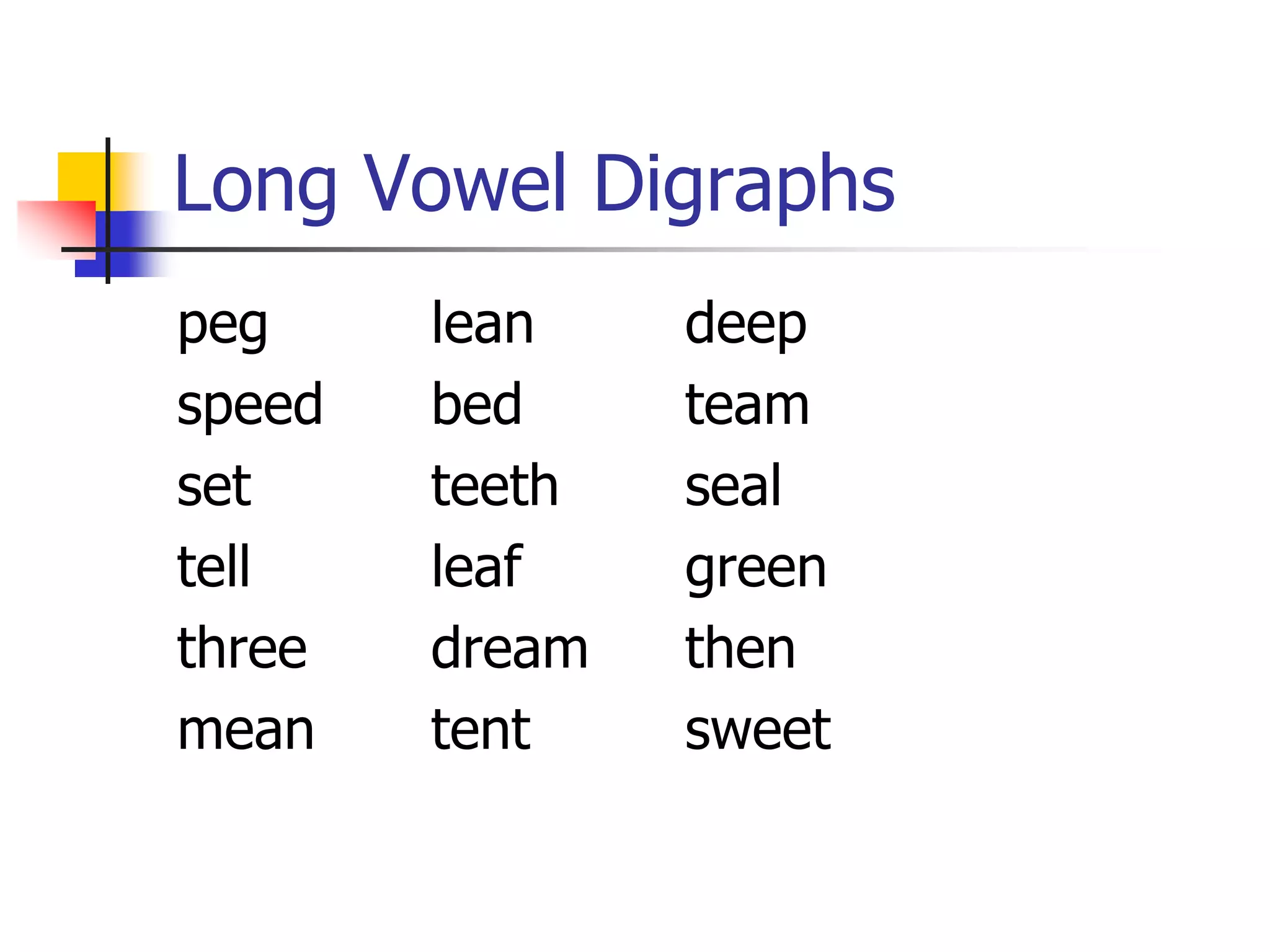 Long Vowel Digraphs 
peg lean deep 
speed bed team 
set teeth seal 
tell leaf green 
three dream then 
mean tent sweet 
 