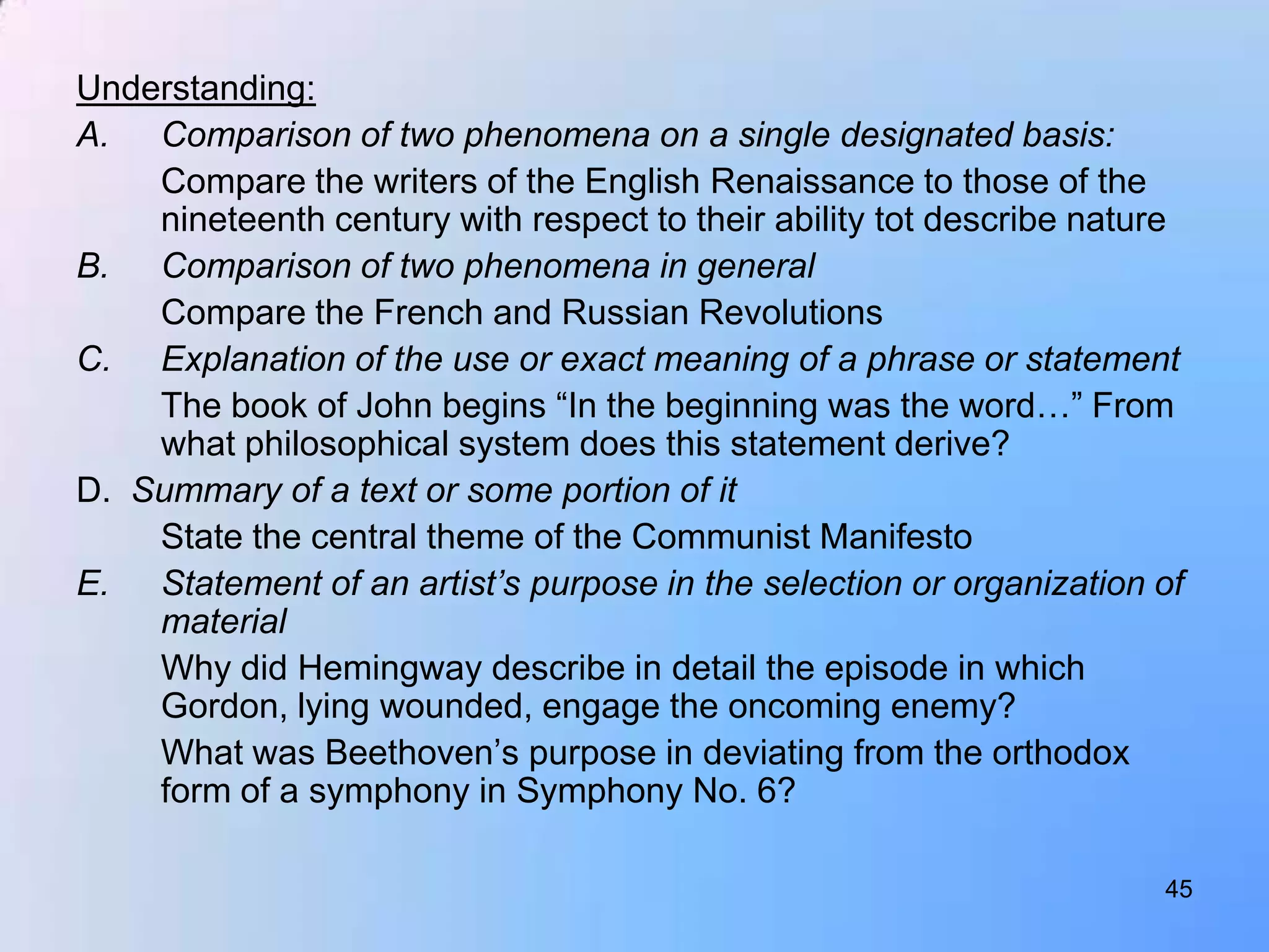 Understanding:
A. Comparison of two phenomena on a single designated basis:
    Compare the writers of the English Renaissance to those of the
    nineteenth century with respect to their ability tot describe nature
B. Comparison of two phenomena in general
    Compare the French and Russian Revolutions
C. Explanation of the use or exact meaning of a phrase or statement
    The book of John begins “In the beginning was the word…” From
    what philosophical system does this statement derive?
D. Summary of a text or some portion of it
    State the central theme of the Communist Manifesto
E. Statement of an artist’s purpose in the selection or organization of
    material
    Why did Hemingway describe in detail the episode in which
    Gordon, lying wounded, engage the oncoming enemy?
    What was Beethoven‟s purpose in deviating from the orthodox
    form of a symphony in Symphony No. 6?

                                                                      45
 