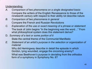 Understanding:
A. Comparison of two phenomena on a single designated basis:
    Compare the writers of the English Renaiss...