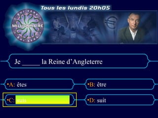 Je _____ la Reine d’Angleterre


•A: êtes                   •B: être

•C: suis                   •D: suit
 