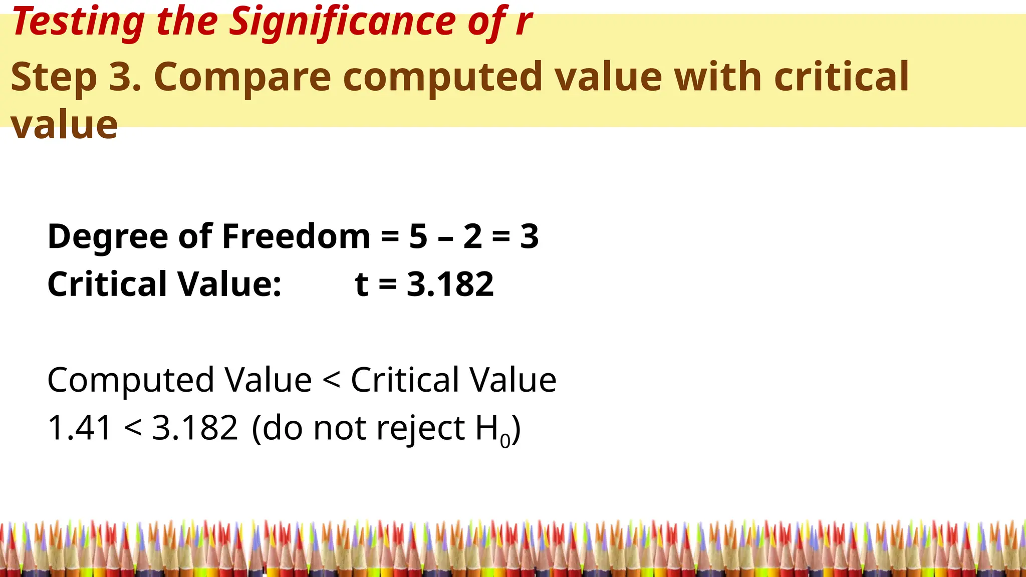 Testing the Significance of r
Step 3. Compare computed value with critical
value
Degree of Freedom = 5 – 2 = 3
Critical Value: t = 3.182
Computed Value < Critical Value
1.41 < 3.182 (do not reject H0)
 