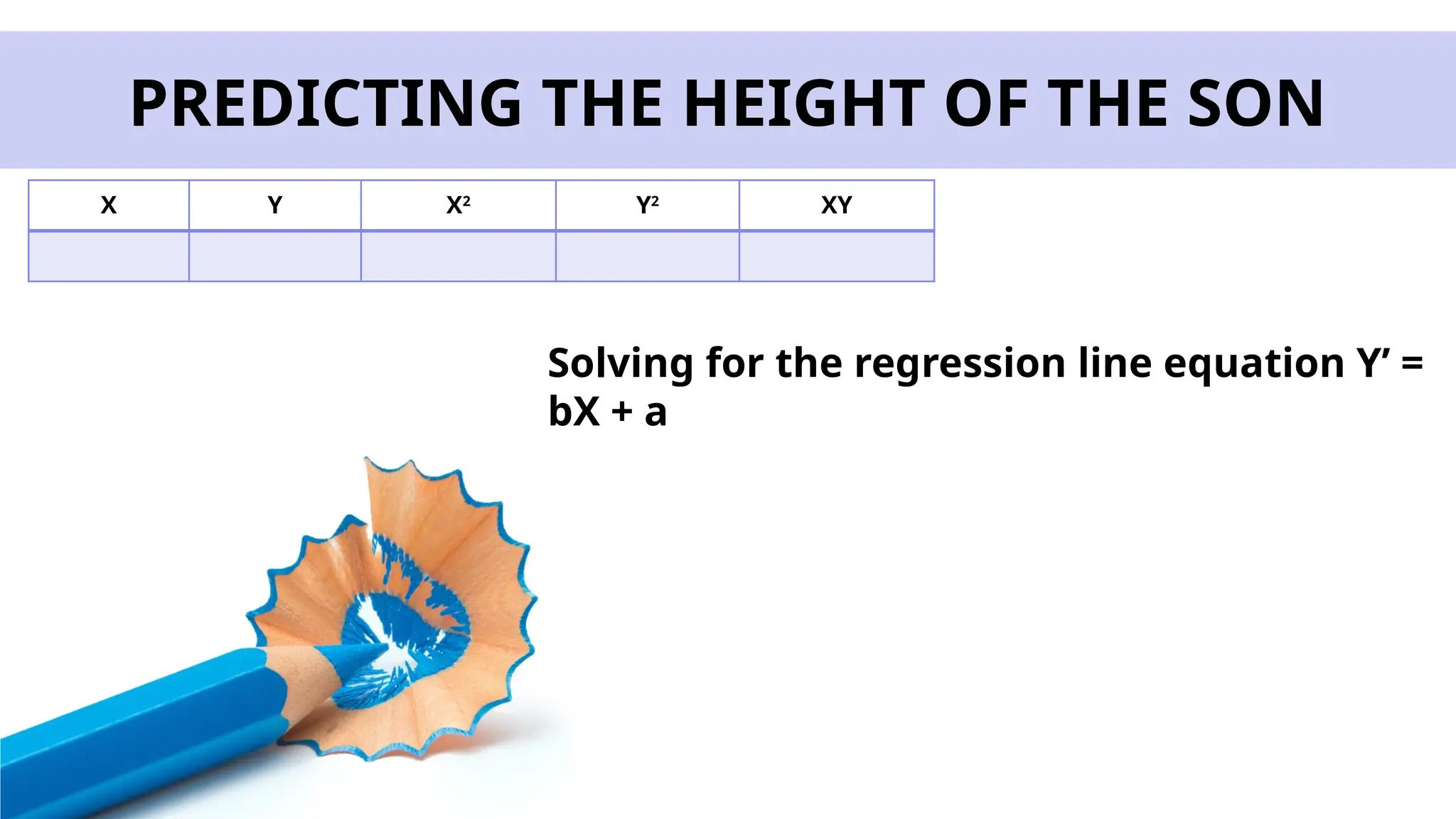 PREDICTING THE HEIGHT OF THE SON
Solving for the regression line equation Y’ =
bX + a
X Y X2
Y2
XY
 