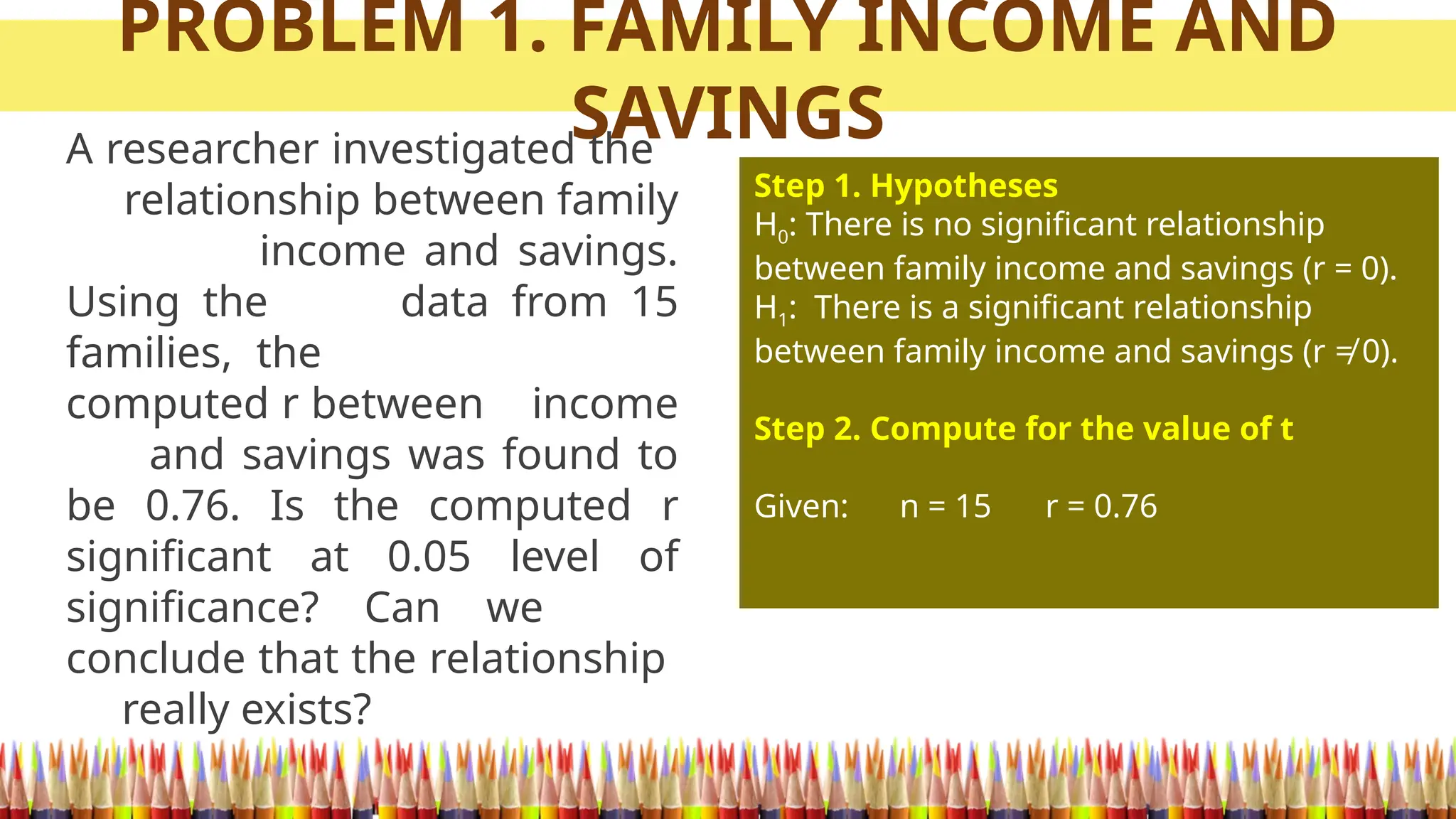 PROBLEM 1. FAMILY INCOME AND
SAVINGS
A researcher investigated the
relationship between family
income and savings.
Using the data from 15
families, the
computed r between income
and savings was found to
be 0.76. Is the computed r
significant at 0.05 level of
significance? Can we
conclude that the relationship
really exists?
Step 1. Hypotheses
H0: There is no significant relationship
between family income and savings (r = 0).
H1: There is a significant relationship
between family income and savings (r ≠ 0).
Step 2. Compute for the value of t
Given: n = 15 r = 0.76
 