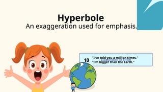 Exaggeration for Effect!
An exaggeration used for emphasis.
10
"I've told you a million times."
"I'm bigger than the Earth."
Hyperbole
 