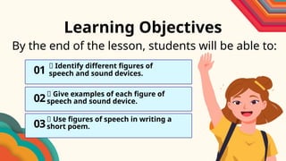 By the end of the lesson, students will be able to:
01
03
02
✅ Identify different figures of
speech and sound devices.
✅ Give examples of each figure of
speech and sound device.
✅ Use figures of speech in writing a
short poem.
Learning Objectives
 