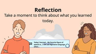 📝 My Reflections
Today I learned... My favorite figure of
speech is... I will use figurative language
when...
Reflection
Take a moment to think about what you learned
today.
22
 